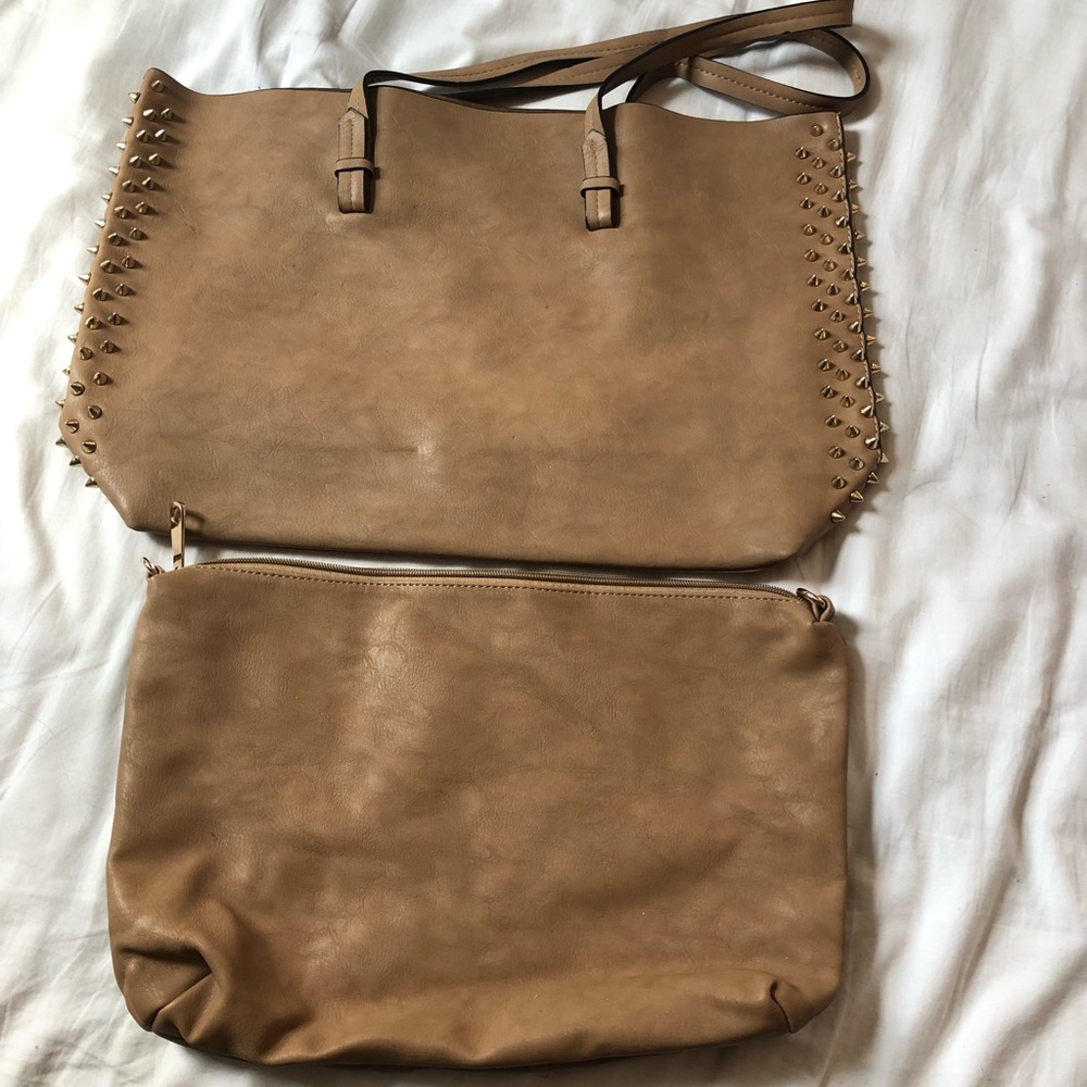 Beige/tan studded tote bag with small bag